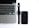 A silver laptop with a black keyboard is open and positioned on a white surface. To its right, a black smartwatch with a strap is placed beside a black smartphone. The smartwatch and smartphone both display a minimalistic design with no visible screens active.