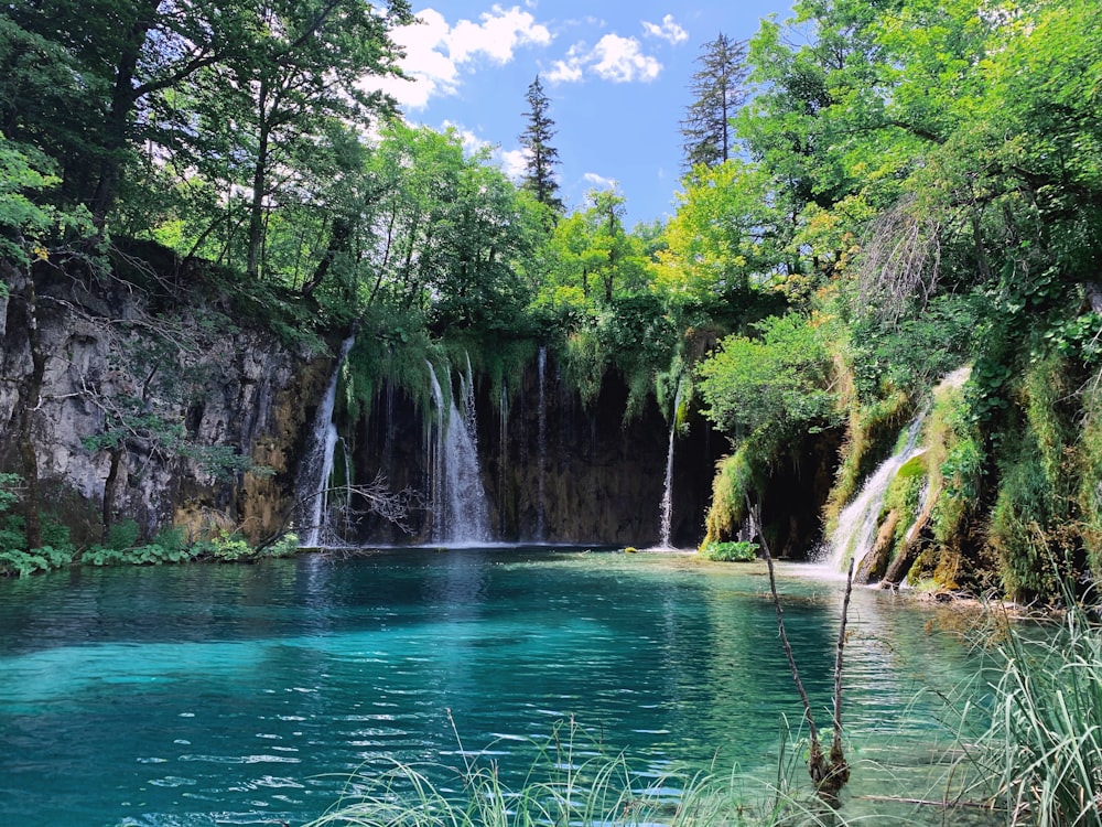 Persona in pantaloncini neri in piedi sulla roccia vicino alle cascate durante il giorno