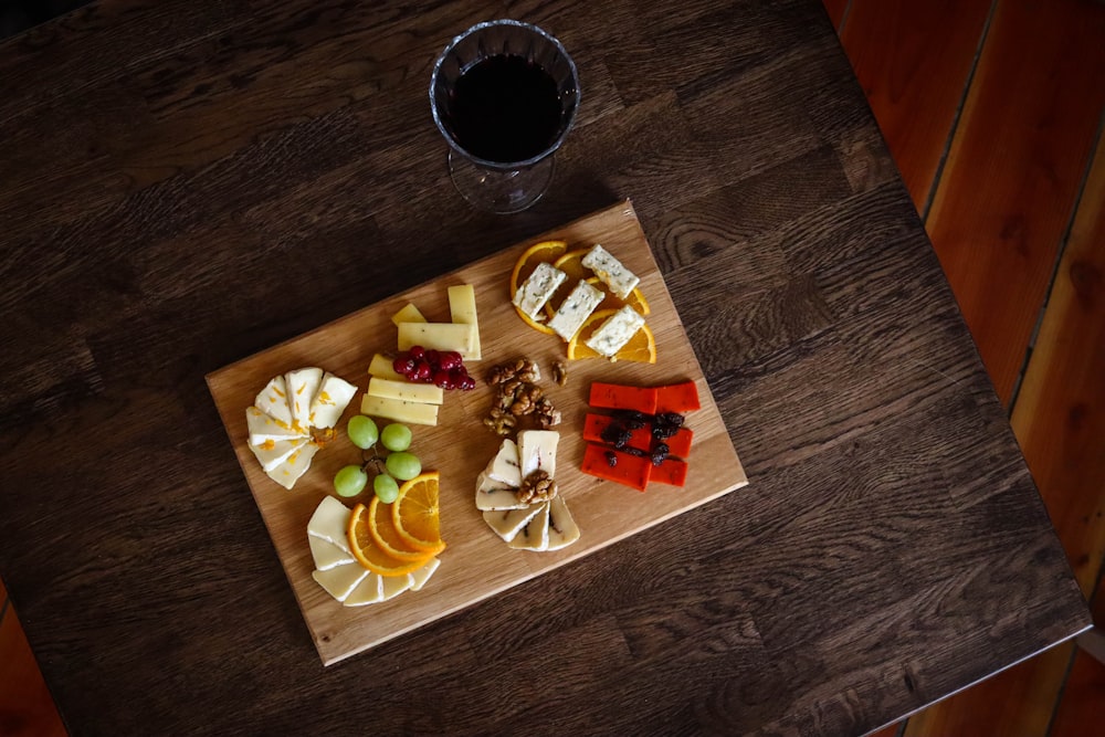 brown wooden tray with foods