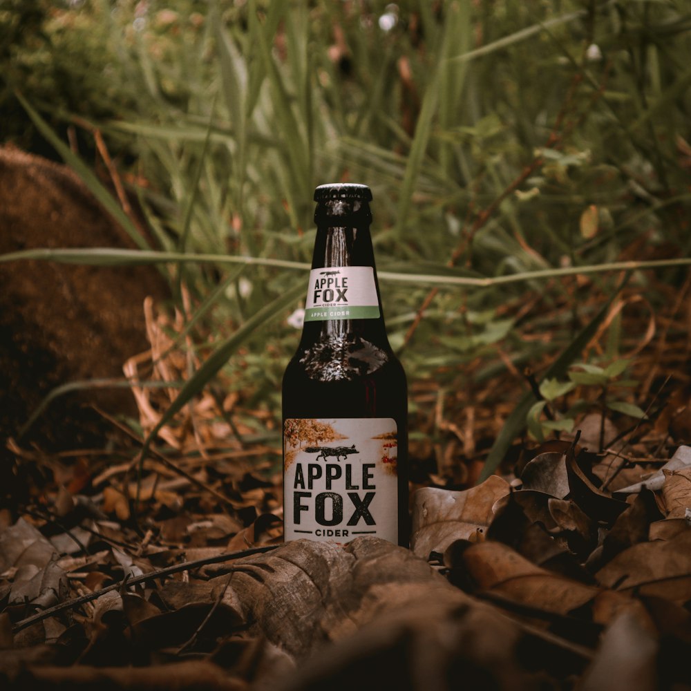 brown and black labeled bottle on dried leaves