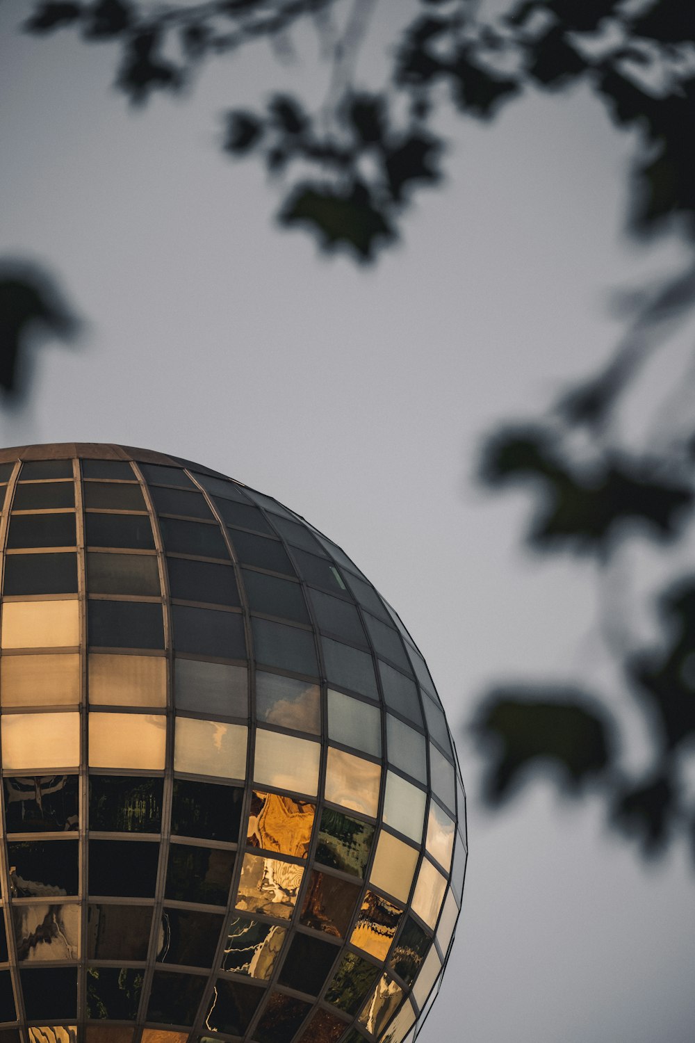 bola de vidro transparente com reflexo de árvores durante o dia