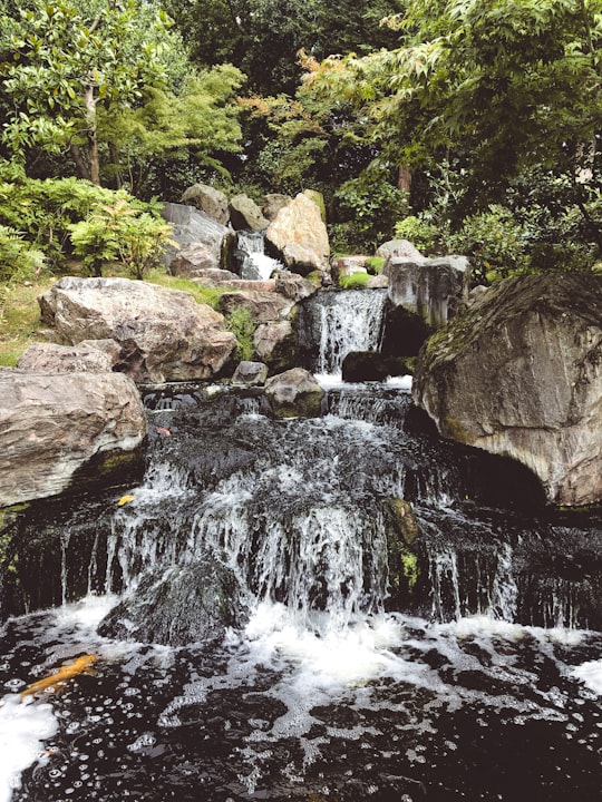 water falls with rocks and trees in Holland Park United Kingdom