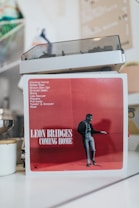 An album cover prominently displays a red backdrop with a black and white image of a person. The text includes the album title 'Coming Home' along with a list of song titles.
