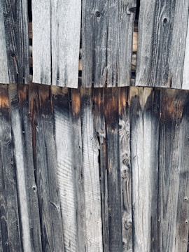 Weathered wooden planks aligned vertically, showing natural grain patterns and variations in color due to exposure and aging.