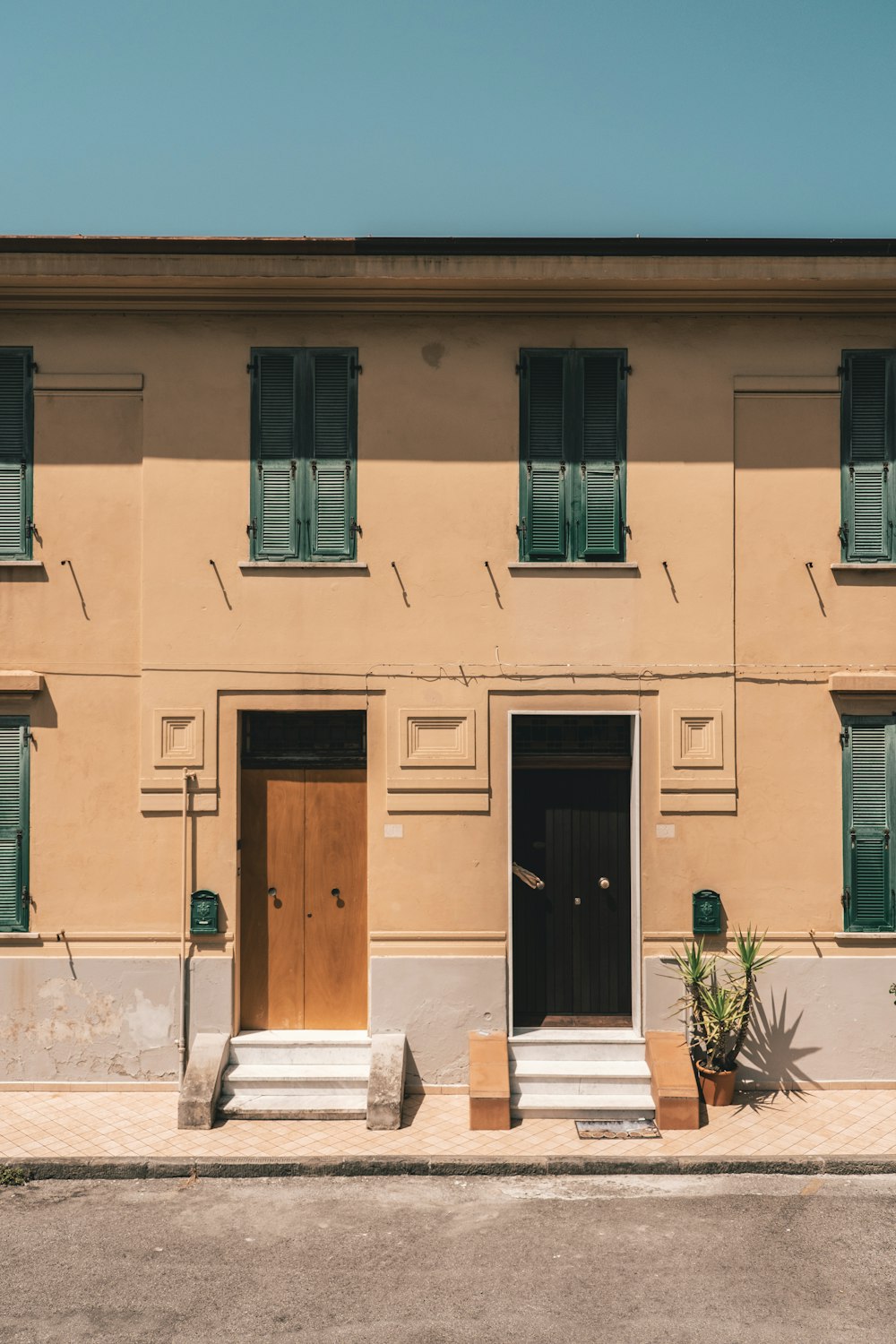 brown wooden door on green concrete building