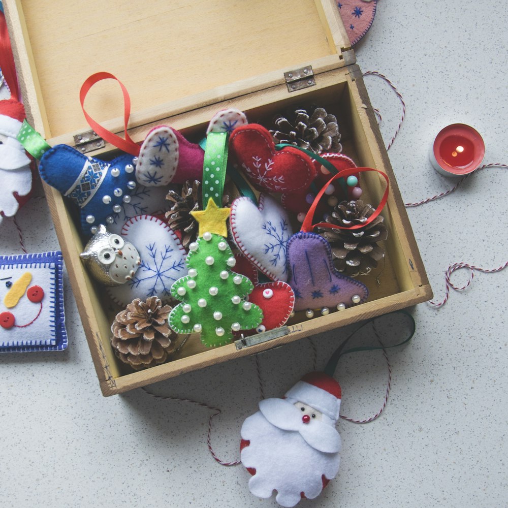 plush toys on brown wooden box