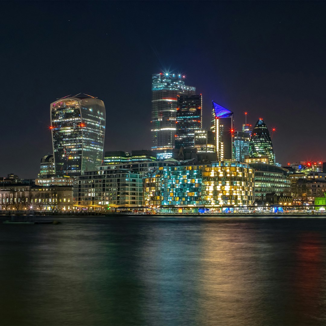 city skyline during night time