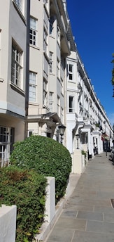 An elegant row of white, multi-story townhouses with large windows, aligned perfectly along a clean, paved sidewalk. Manicured green hedges are neatly placed in front of each building, and the sky is clear and blue, giving the street a bright and inviting appearance.