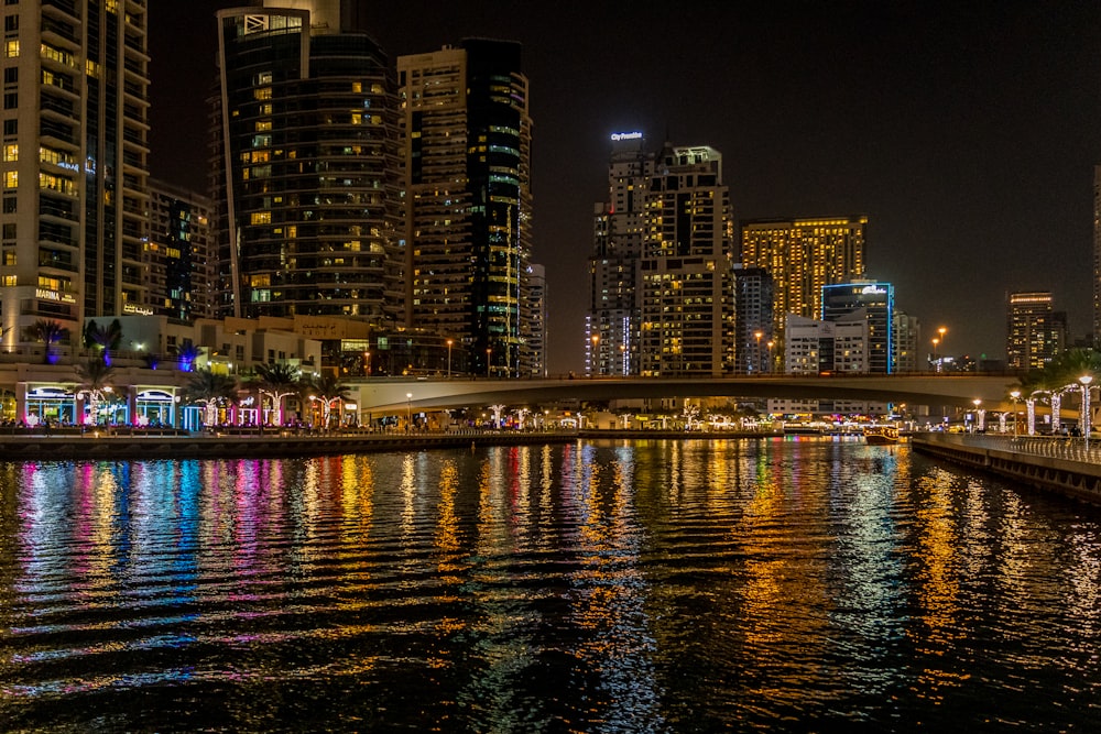 city skyline during night time