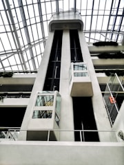 A modern architectural structure featuring large glass elevators within a building atrium. The ceiling consists of an intricate network of glass and metal, allowing natural light to flood the area. The elevators are sleek and enclosed in glass, with visible cables and structural elements. Potted greenery adorns each level, adding a touch of nature to the contemporary design.