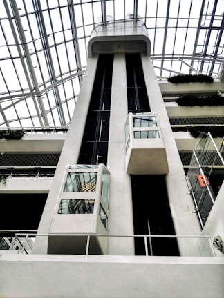A modern architectural structure featuring large glass elevators within a building atrium. The ceiling consists of an intricate network of glass and metal, allowing natural light to flood the area. The elevators are sleek and enclosed in glass, with visible cables and structural elements. Potted greenery adorns each level, adding a touch of nature to the contemporary design.