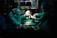 A team of surgeons in green surgical attire performs a procedure in an operating room. They focus intently on the task, with one of them carefully holding a newborn baby. The dim lighting creates a dramatic atmosphere, while surgical tools and equipment are visible on the table.