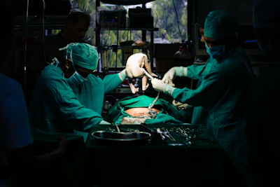 A high-resolution photo of a neurosurgeon performing a delicate brain surgery in a modern operating room.