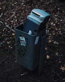 An old, rusted electronic device, possibly a cash register or electronic machine, is discarded inside a public trash bin. The bin is situated outdoors among dry leaves and twigs. Graffiti and stickers are visible on the bin&rsquo;s surface, adding urban elements to the scene.