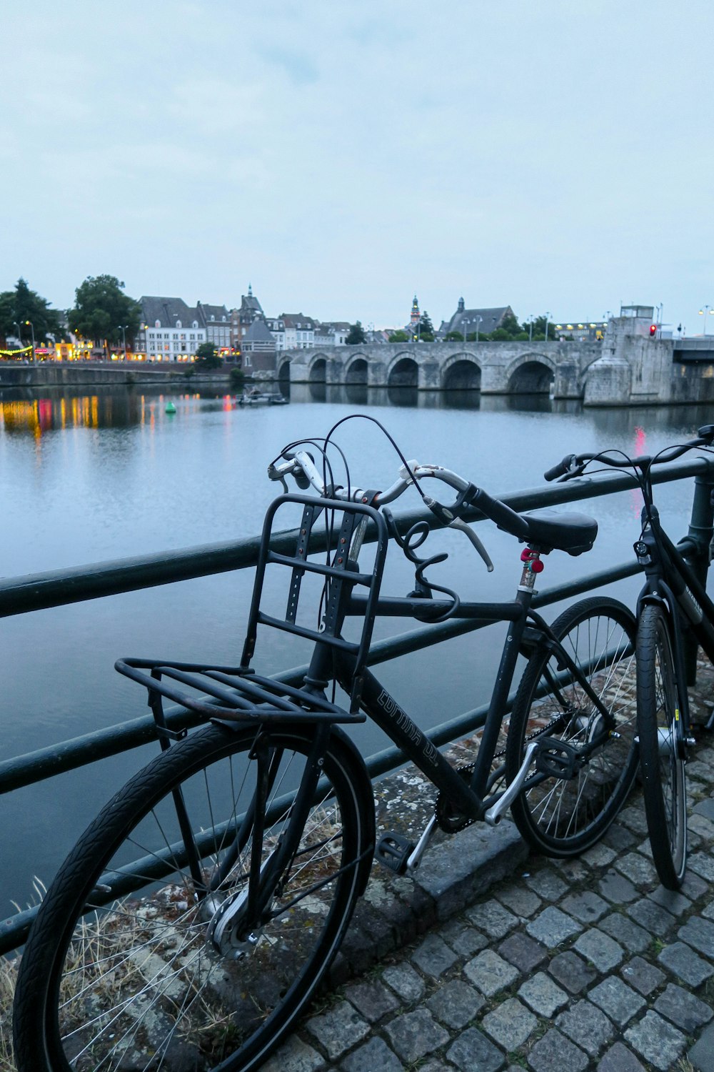 bicicletta nera parcheggiata accanto a ringhiere metalliche nere vicino allo specchio d'acqua durante il giorno