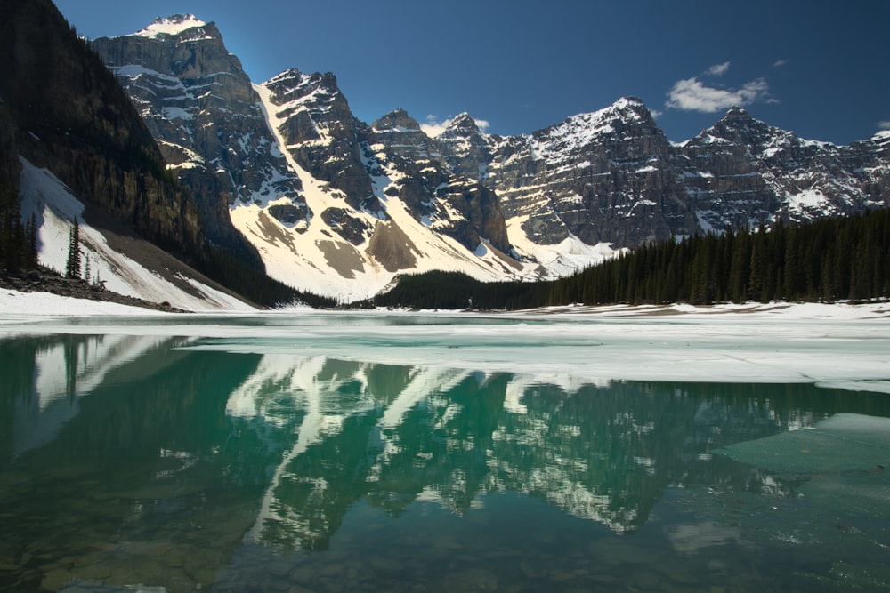 lake near snow covered mountain during daytime