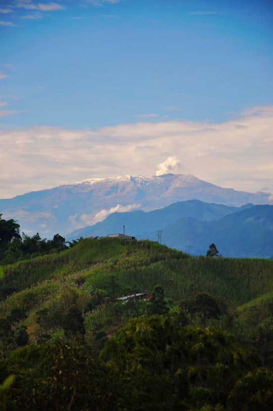 green grass field near mountain under white clouds during daytime in Caldas Colombia