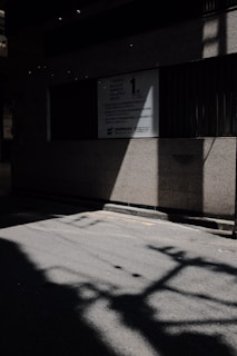 A dimly lit urban scene with a concrete wall featuring a large sign with text in an East Asian language. The ground and wall are partially illuminated by sunlight, creating sharp shadows of a tree or pole across the sidewalk.