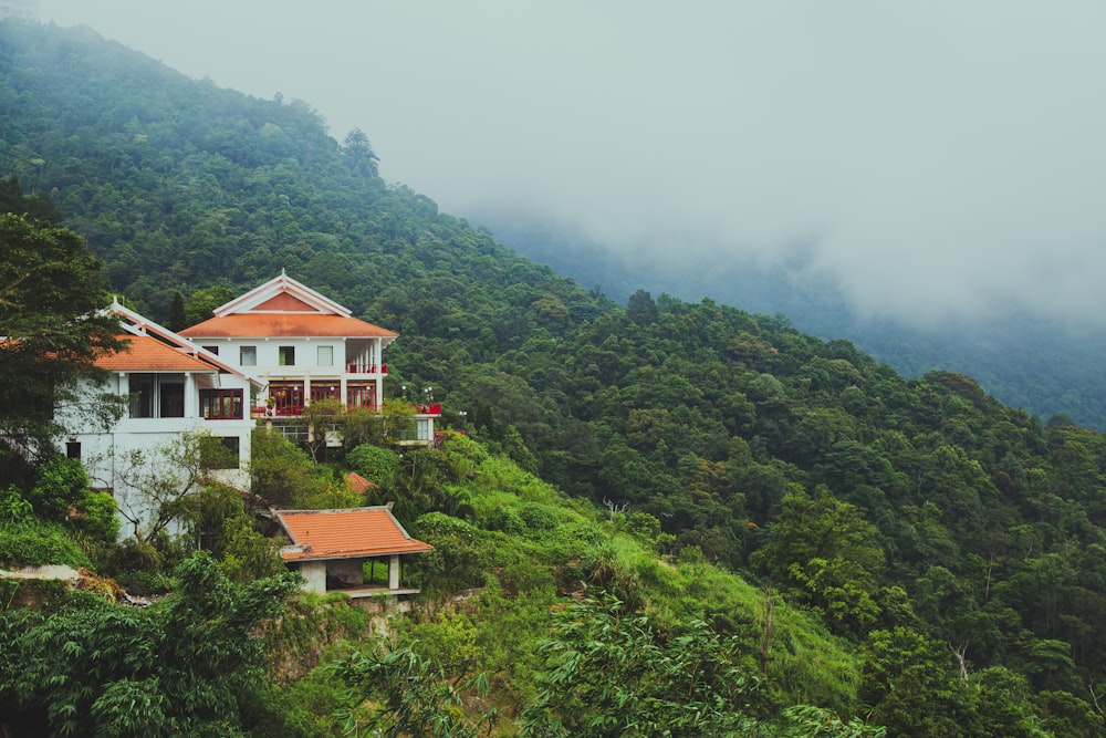 white and brown house on top of mountain