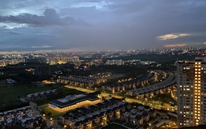 aerial view of city buildings during night time