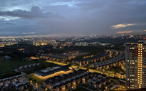aerial view of city buildings during night time