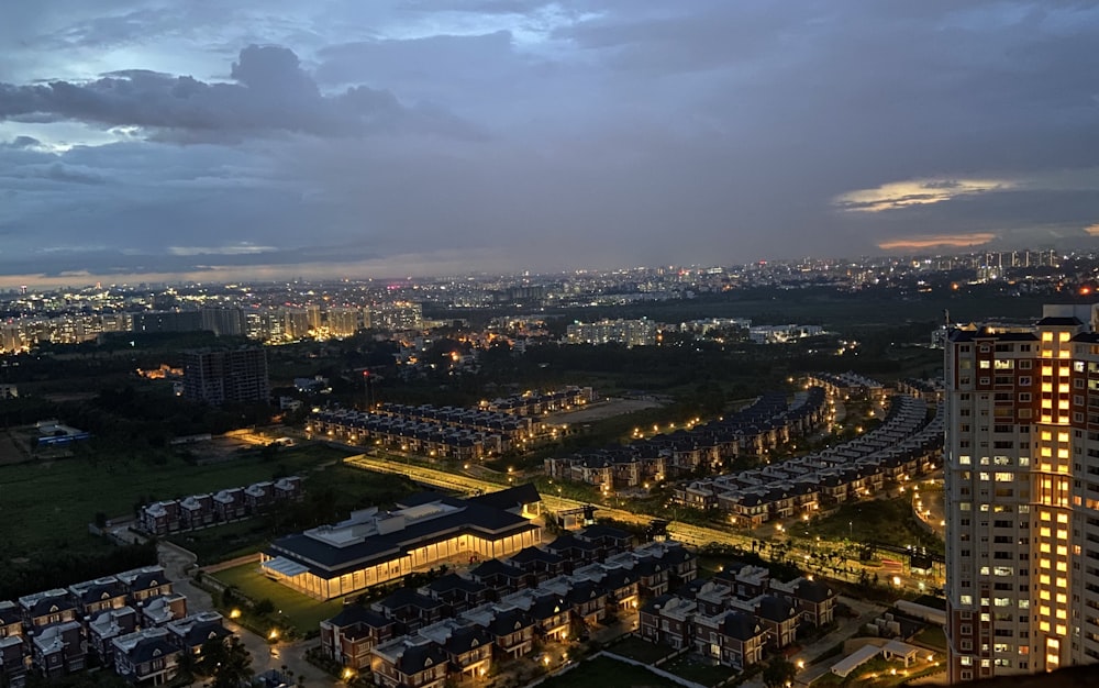 aerial view of city buildings during night time