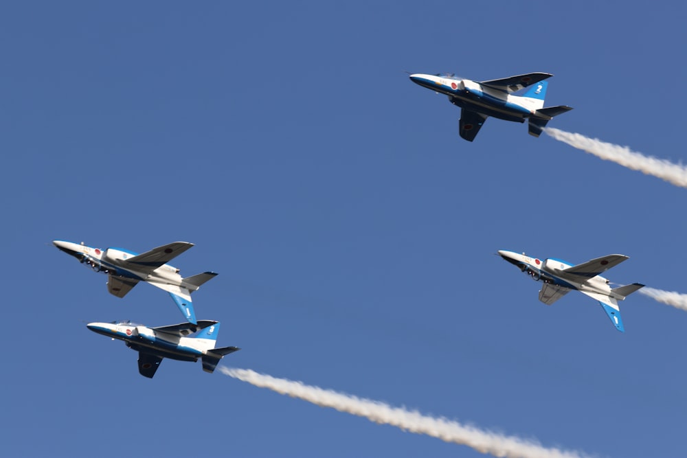 avion à réaction blanc et bleu en plein vol pendant la journée