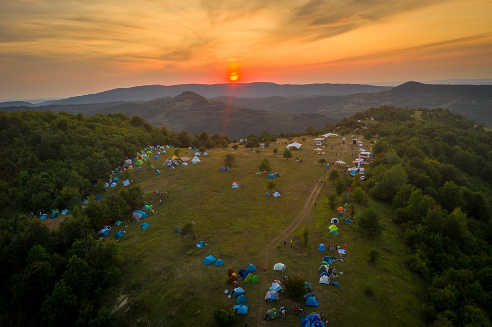 people on green grass field during sunset