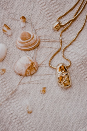 Several seashells and a gold necklace are laid out on a textured beige fabric. The shells have a natural, earthy tone with various shades of brown and white. The necklace features a shiny, golden pendant with intricate details.