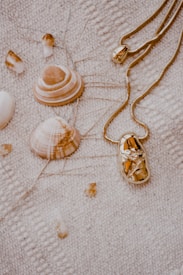 Several seashells and a gold necklace are laid out on a textured beige fabric. The shells have a natural, earthy tone with various shades of brown and white. The necklace features a shiny, golden pendant with intricate details.