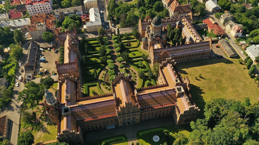 aerial view of green trees and buildings