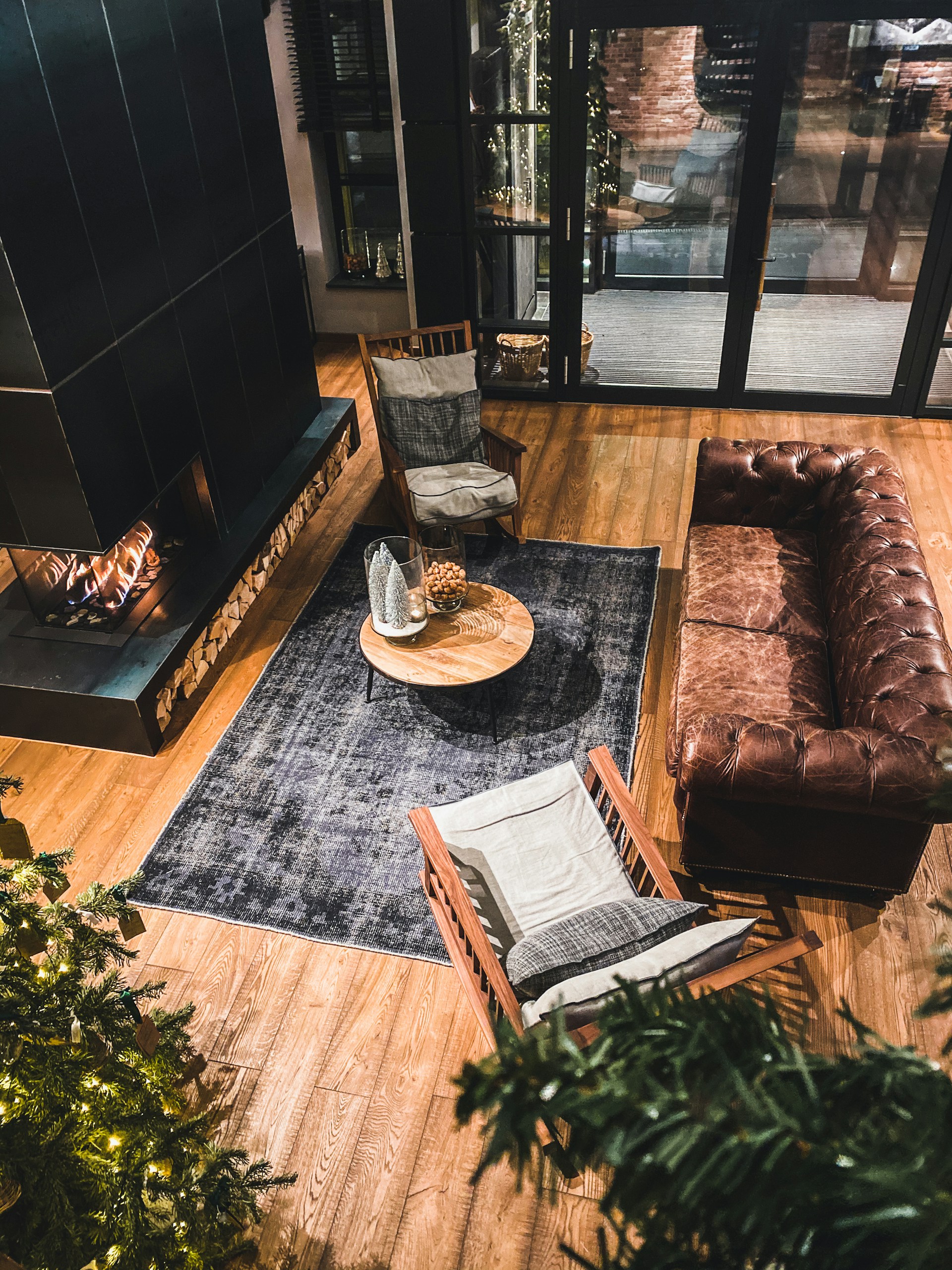 brown leather couch beside brown wooden table