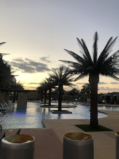 A sunset view over a tranquil swimming pool.