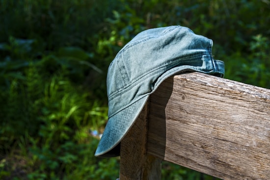A faded green cap rests on a rustic wooden fence against a backdrop of lush greenery.