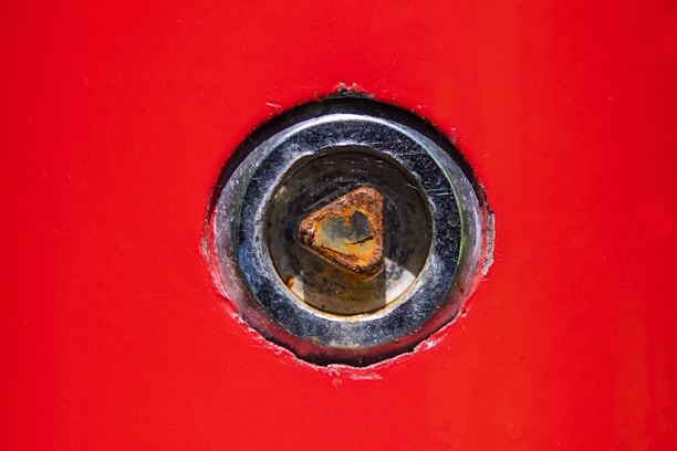A close-up view of a metal bolt or screw embedded in a vibrant red surface. The metal is slightly rusted and set within a shiny, silver-colored circular frame.