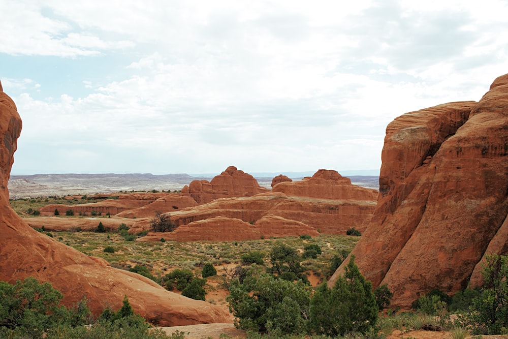 brown rock formation near green trees during daytime