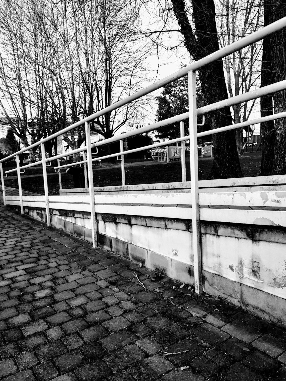 grayscale photo of metal railings