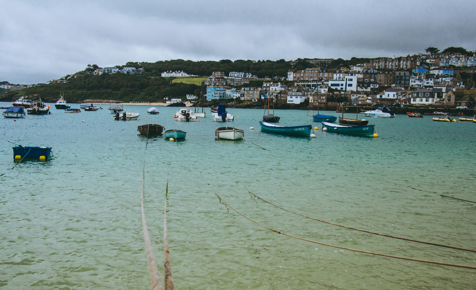 View of boats in the harbour at St. Ives, in Cornwall.