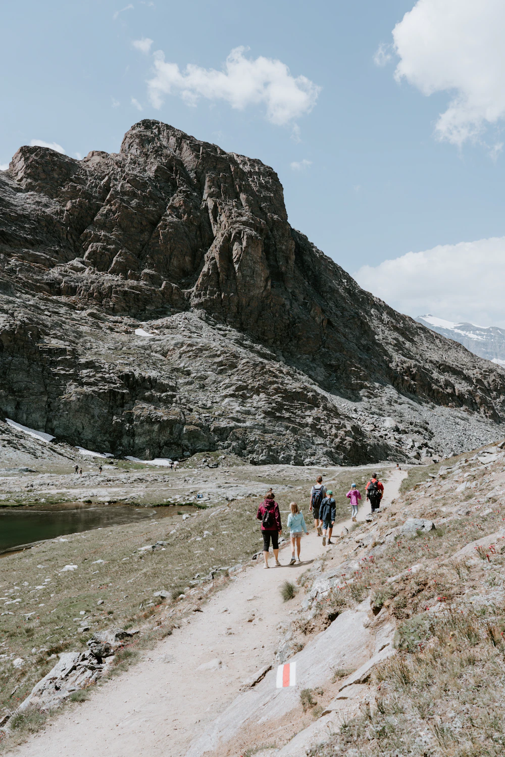 Family hiking together in a national park with scenic mountain views
