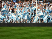 Crowd cheering enthusiastically at a volleyball tournament with colorful banners waving.
