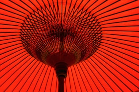 orange and black umbrella on brown wooden table