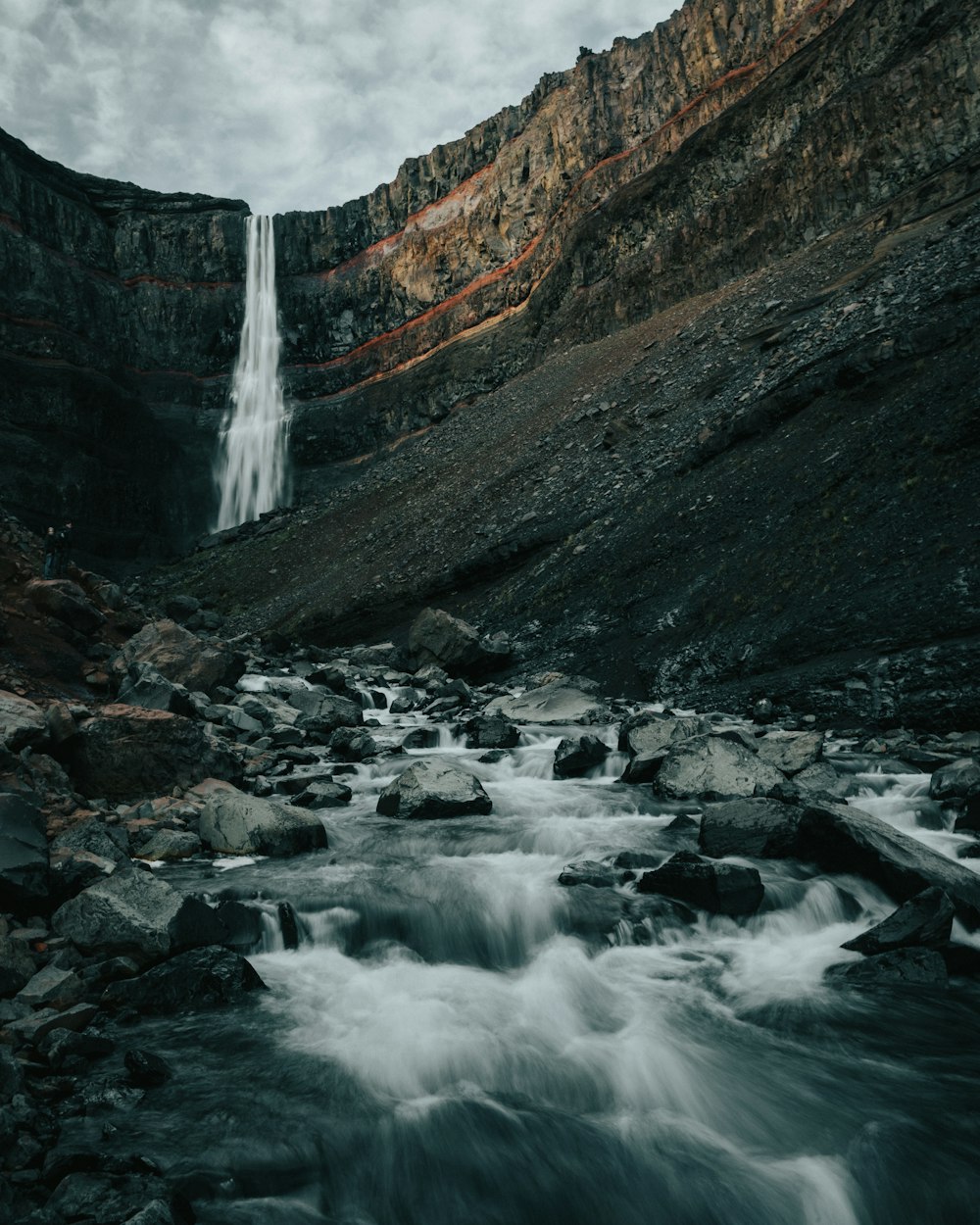 water falls on rocky mountain