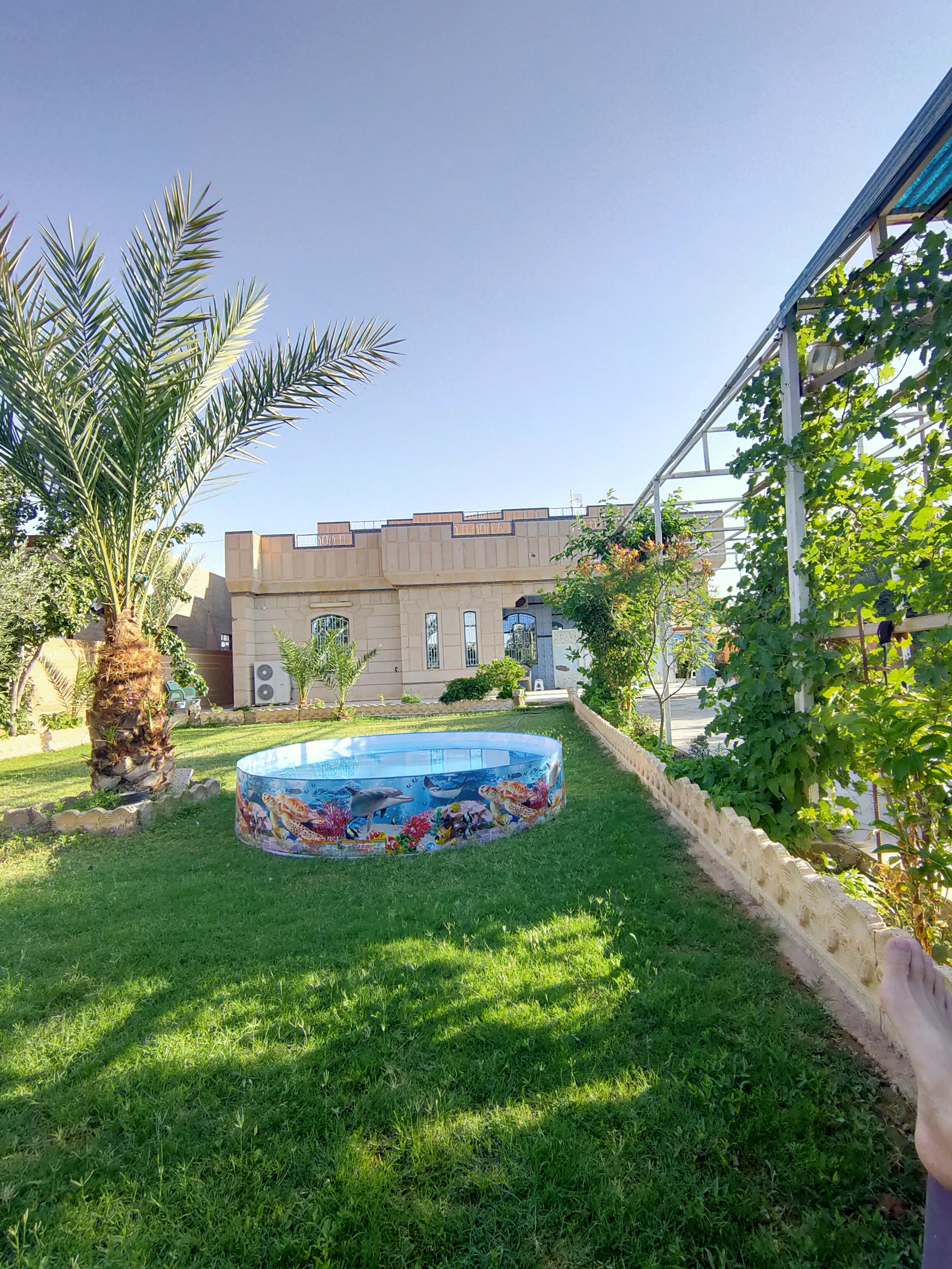 A family enjoying a spacious inflatable pool kit in a backyard, with colorful floaties and playful water toys.