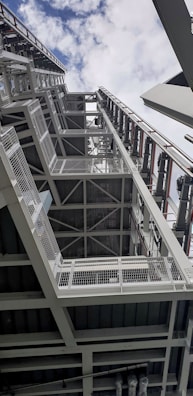 Aerial view of a completed metal mezzanine inside an industrial building.