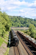 black train on rail near green trees during daytime