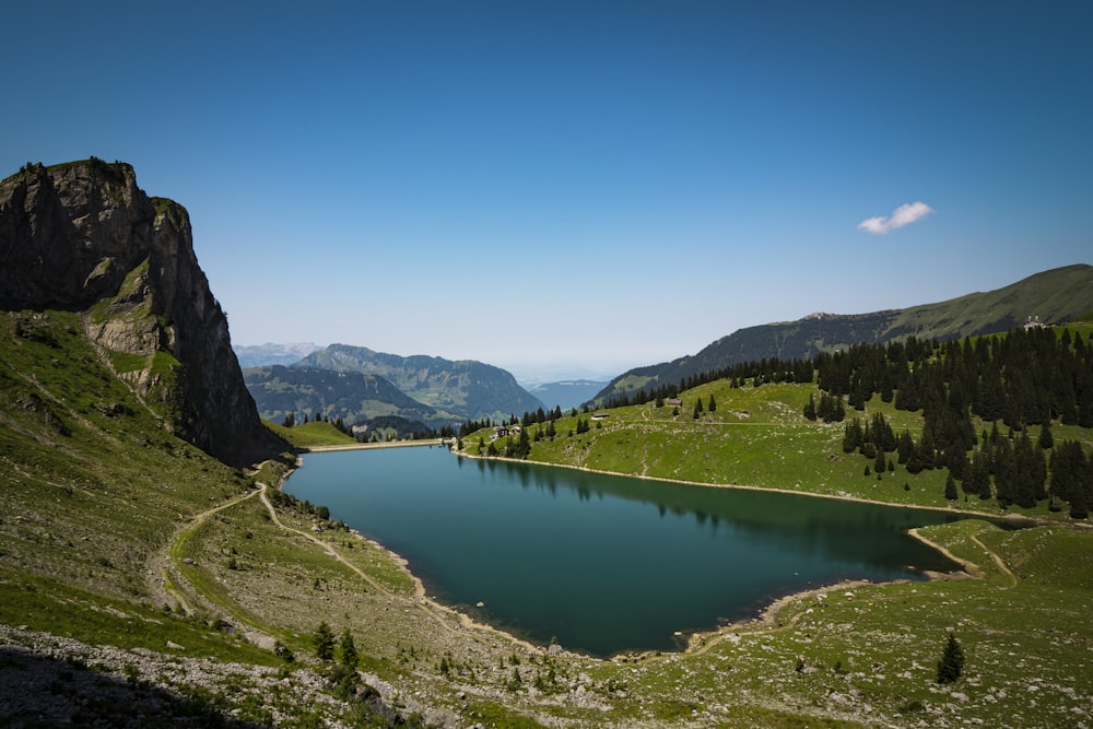 lake in the middle of mountains