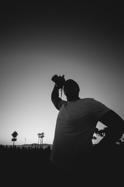 A silhouette of a person in a white T-shirt holding a camera up to their eye is against a dark sky. In the background, palm trees and distant mountains are visible, suggesting a sunset or dawn setting.