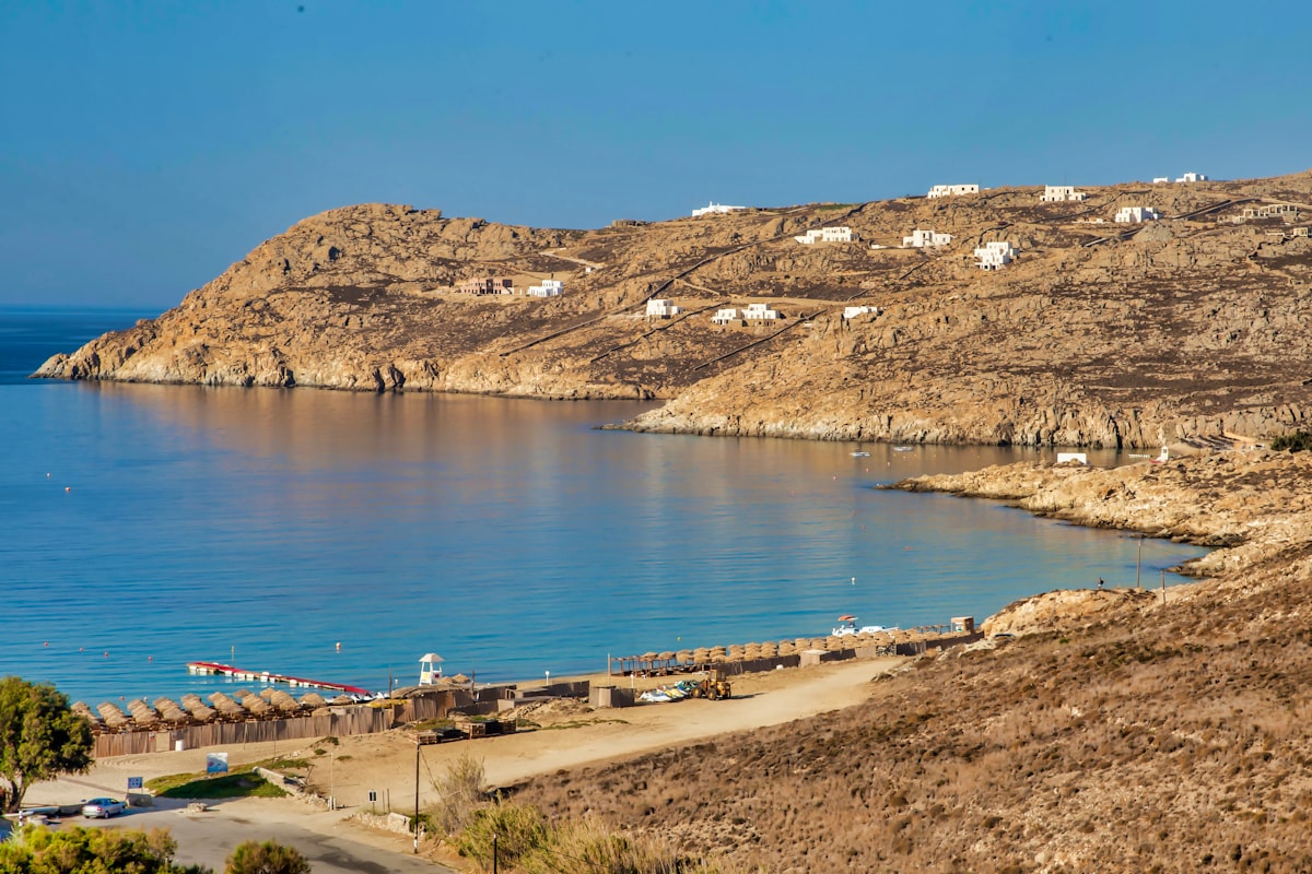 Mykonos Paradise Beach area — the coastline of Elia Beach in the southern part of the island