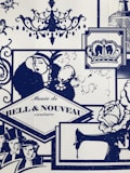 A collage of vintage-inspired illustrations featuring elements such as a chandelier, a stylish woman in a hat, a royal crown, and a sewing machine. Decorative motifs include silhouettes of musicians with trumpets, roses, and well-dressed figures from the early 20th century. The text 'Musée de Bell & Nouveau couture' is prominently displayed.
