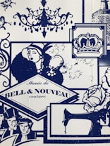 A collage of vintage-inspired illustrations featuring elements such as a chandelier, a stylish woman in a hat, a royal crown, and a sewing machine. Decorative motifs include silhouettes of musicians with trumpets, roses, and well-dressed figures from the early 20th century. The text 'Mus&eacute;e de Bell & Nouveau couture' is prominently displayed.
